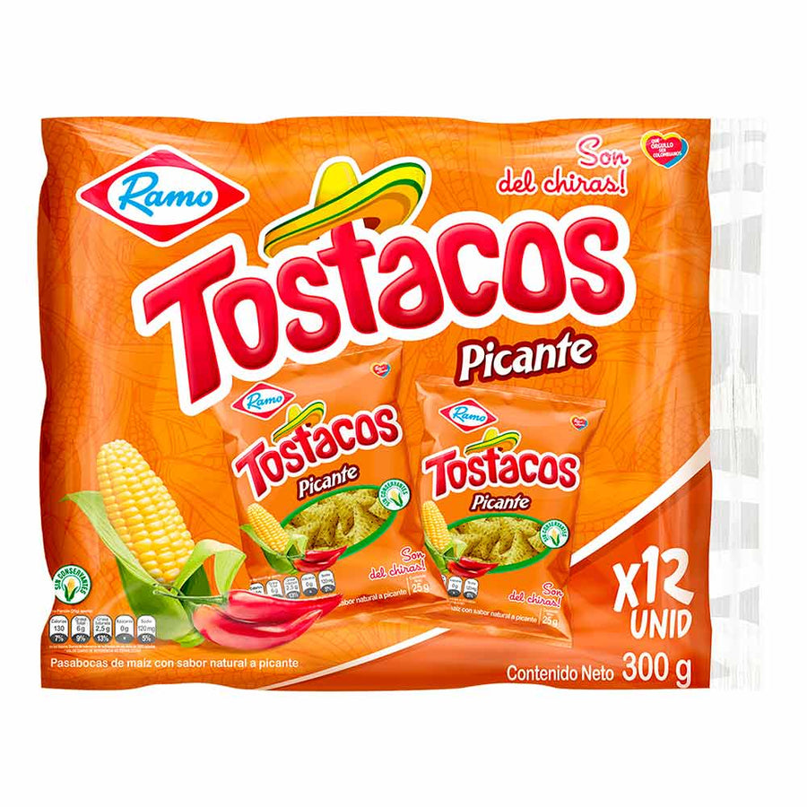 Tostacos Sabor a picante  12 und x 25g c-u 10.58 oz  importados de Colombia