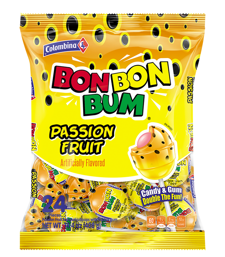 BON BON BUM lollipop parchita o passion fruit (paquete de 24 unidades)