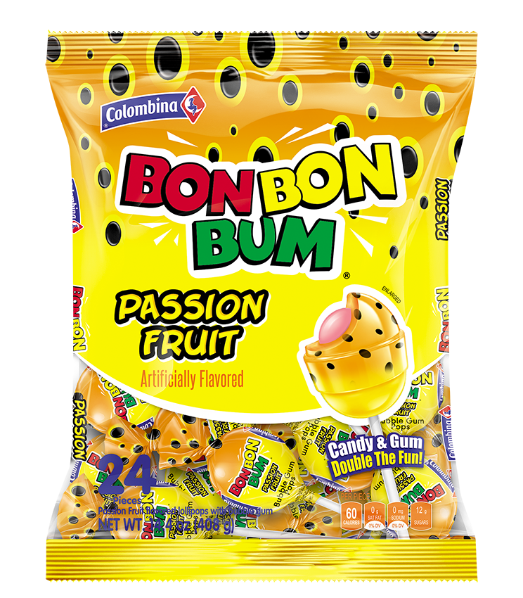BON BON BUM lollipop parchita o passion fruit (paquete de 24 unidades)