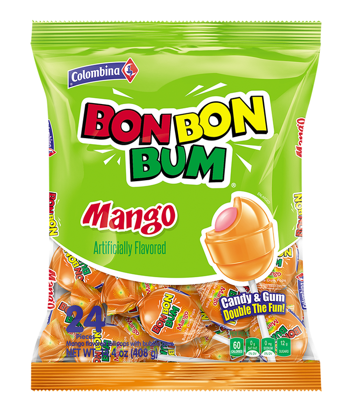 BON BON BUM Chupeta sabor mango COLOMBINA (408 grs / 24 unidades)